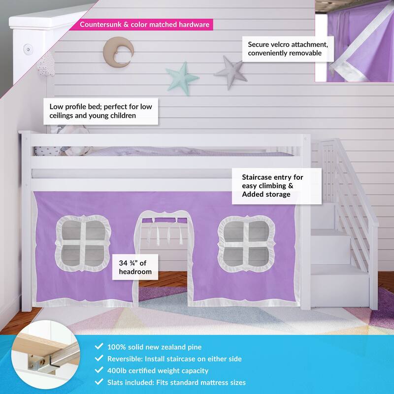Max and Lily Twin Low Loft with Stairs and Curtains