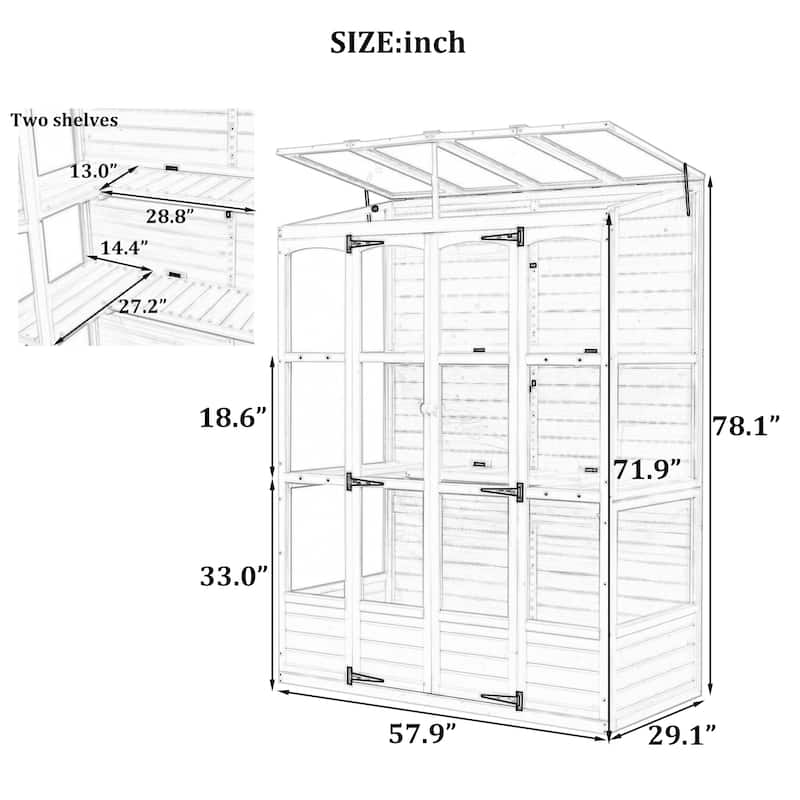 Wooden Greenhouse Cold Frame with 4 Independent Skylights and 2 Folding Middle Shelves, Walk-in Outdoor Greenhouse