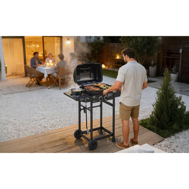 Anmytek 2-Burner Stainless Steel Propane Gas Grill with Side Burner 24000 BTU Enameled Grates Side Tables