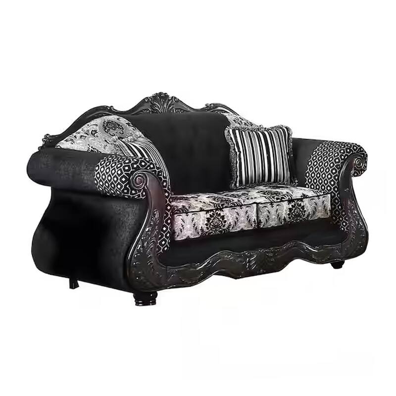 Jinaa 2pc Sofa Loveseat Set, Black Gray Chenille, 5 Accent Pillows