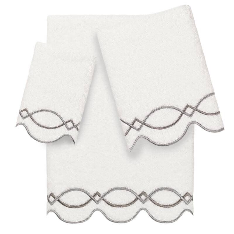 Authentic Hotel and Spa 100% Turkish Cotton DIAMOND CHAIN Scallop Embellished Towel Collection - White/Grey - 3 Piece Set