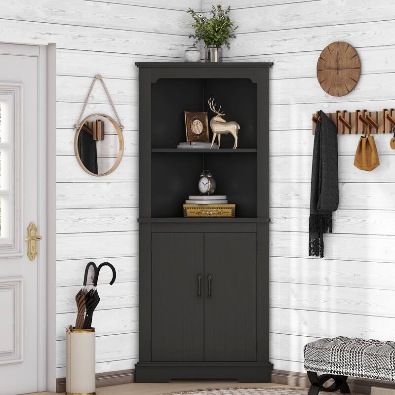 Corner Accent Cabinet with Barn Door & Open Shelves, Freestanding Corner Storage Cabinet