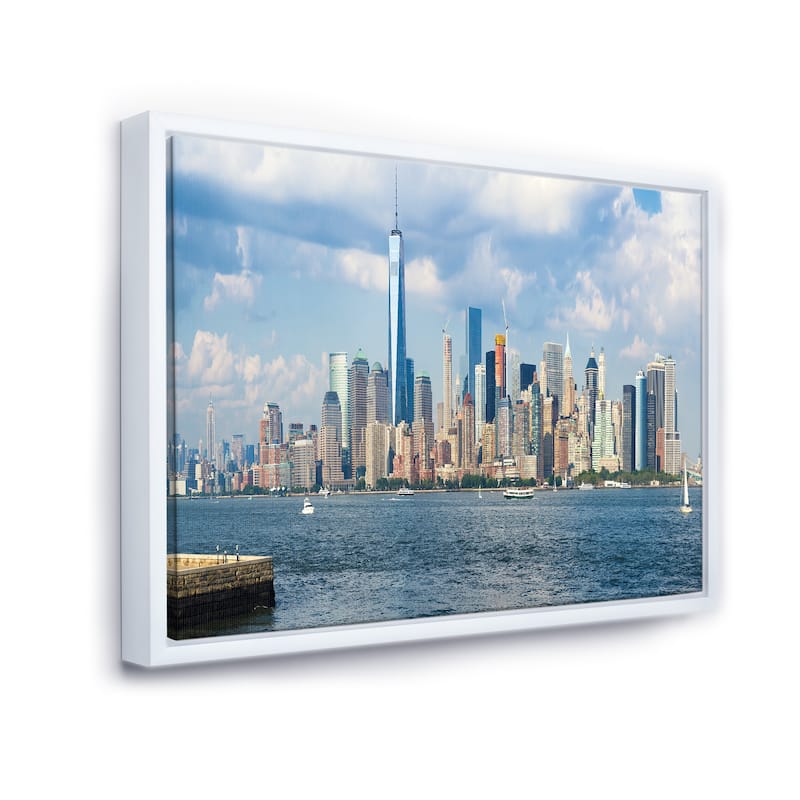 Designart "Lower Manhattan Skyline Panorama" Cityscape Framed Canvas Art Print - 32 in. wide x 16 in. high - White