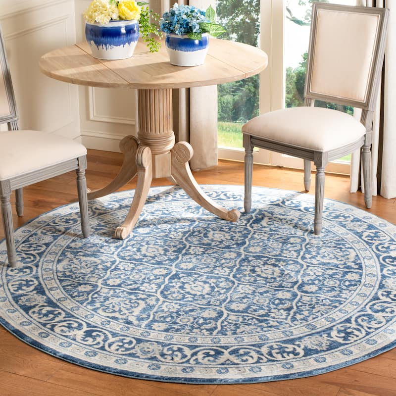SAFAVIEH Brentwood Craciunita Traditional Oriental Rug - 3' Round - Navy/Light Grey