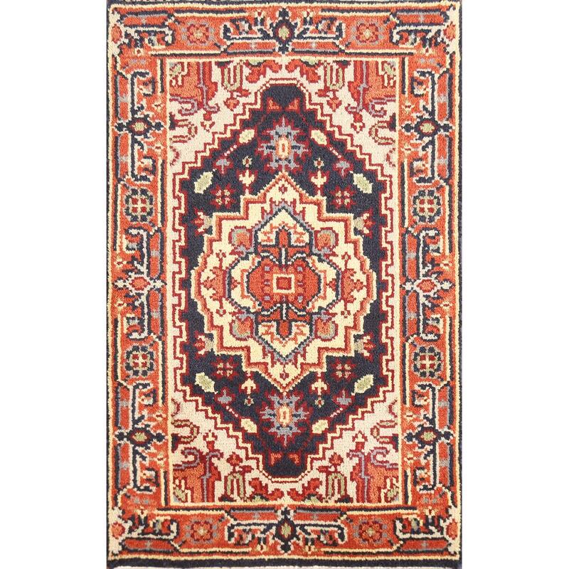 Hand Knotted Oriental 100% Wool Carpet Traditional Medallion Navy Blue & Blues Heriz (serapi) Area Rug - 3' 0'' X 2' 0''