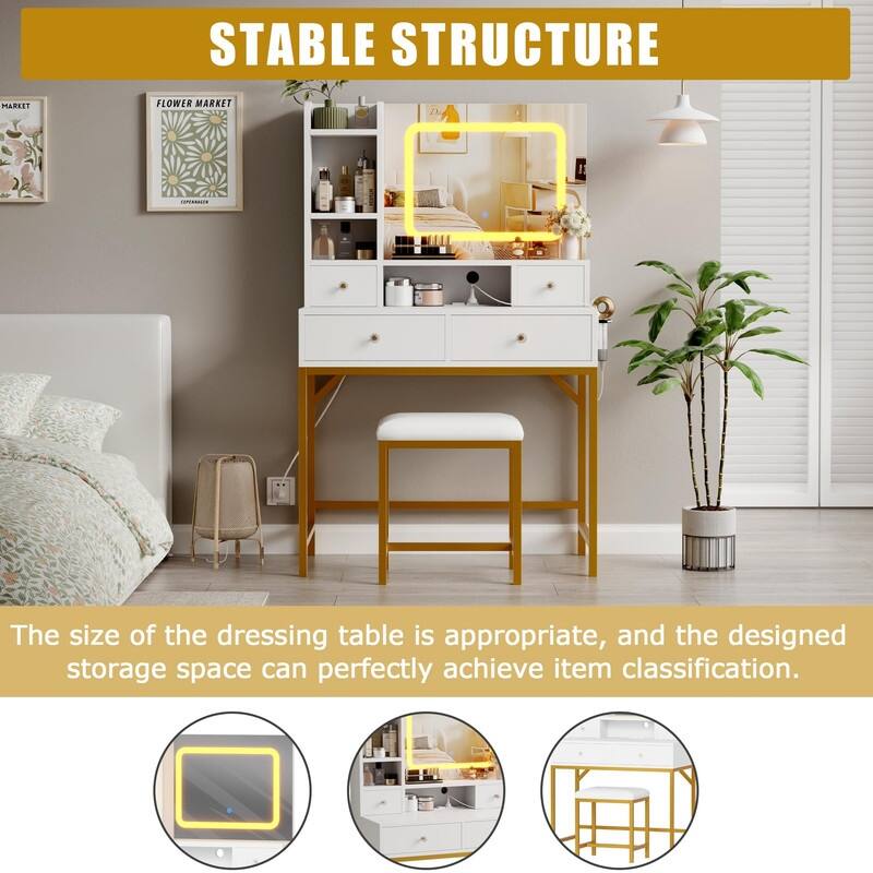 Makeup Vanity with Mirror and LED Lights, Charging Station, 4 Drawers, Shelves, Stool