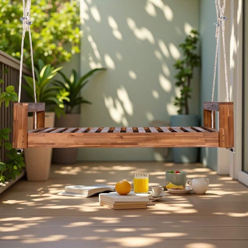 Acacia Wood Twin Size Porch Swing Bed with Hemp Ropes Outdoor Hanging Daybed, 400lb Capacity - Natural