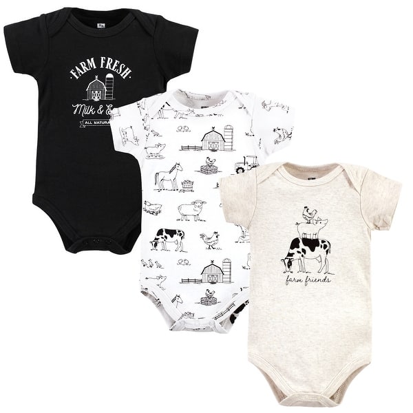 slide 1 of 1, Hudson Baby Cotton Bodysuits, Farm Friends 0-3 Months - Farm Friends