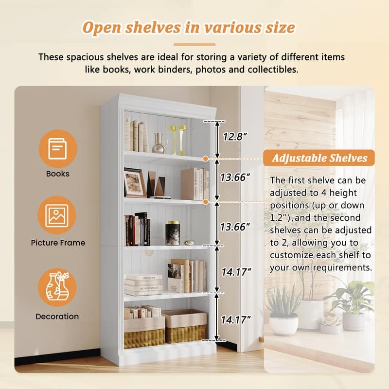 83.4" Tall 5-Tier Wood Bookcase with Built-In Light Strip – Adjustable Shelves , Freestanding Storage Shelf .