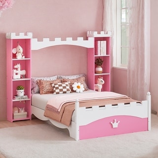 Castle-Shaped Twin Bed with Storage Shelf, Dreamy Kids' Platform Bed, Pink + White