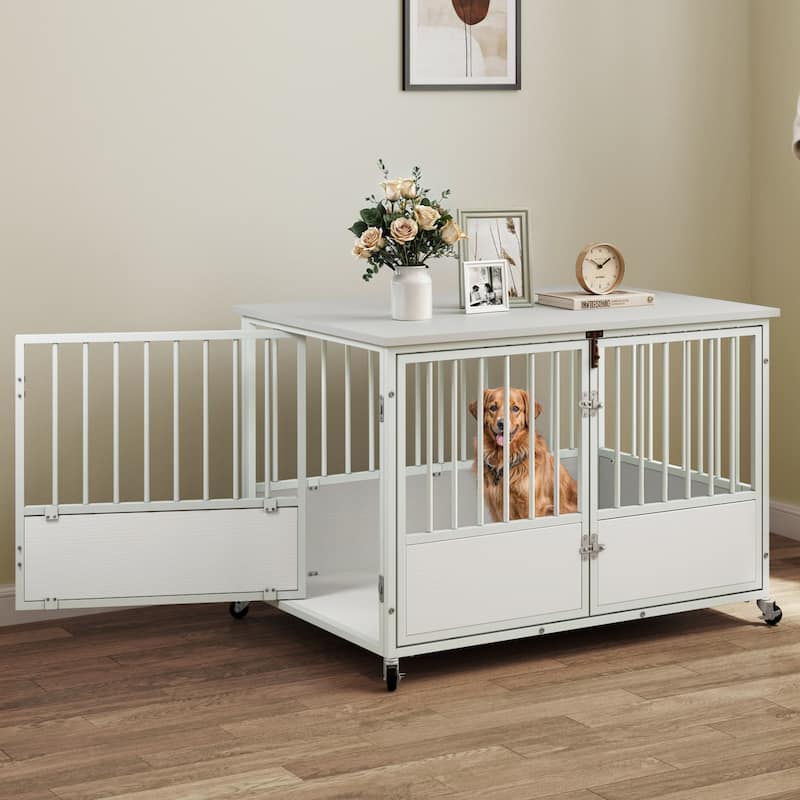 38"/43" Dog Crate Furniture Cage Table with Wheels And Double Doors