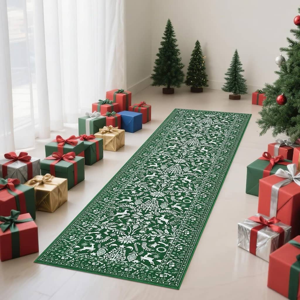 Christmas Non Shedding Xmas Decorative Throw Rug for Living Room, Bedroom, Green