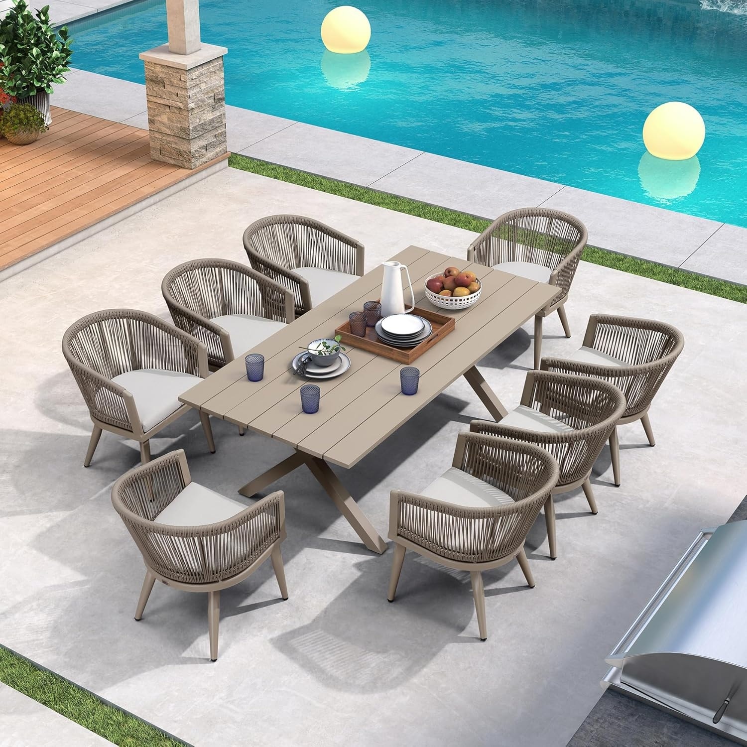 PURPLE LEAF Outdoor Dining Table Set All-Weather Aluminum with Wood Grain Table and Rope Woven Chairs - N/A
