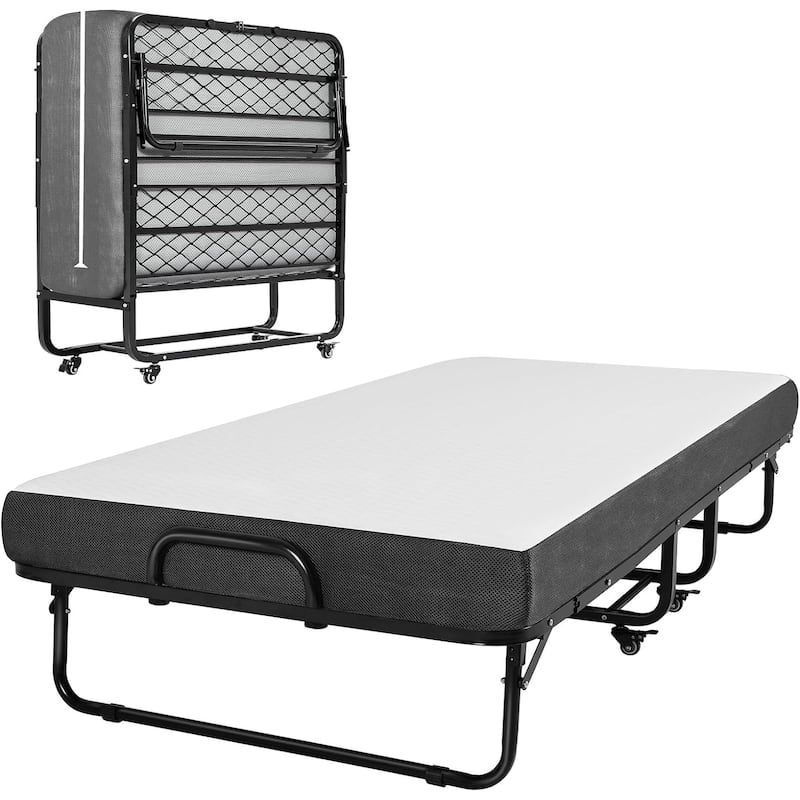 Folding Bed Rollaway Bed Guest Bed with Mattress - Black - Twin