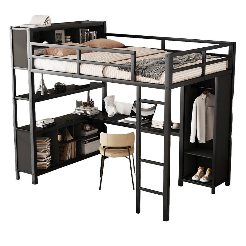 Full Size Metal Loft Bed with Wardrobe and L-shaped Desk and Shelves