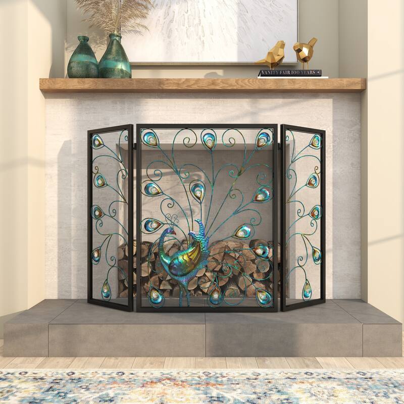 Blue Metal Rainbow 3 Panel Peacock Fireplace Screen with Crystal Accents and Black Frame