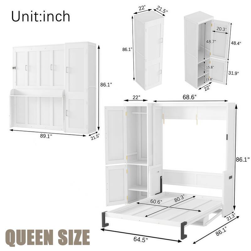 Queen Size Wood Murphy Bed with Wardrobe, Space-Saving White Wall Bed Frame with Hidden Desk and Charging Station, Gas Struts