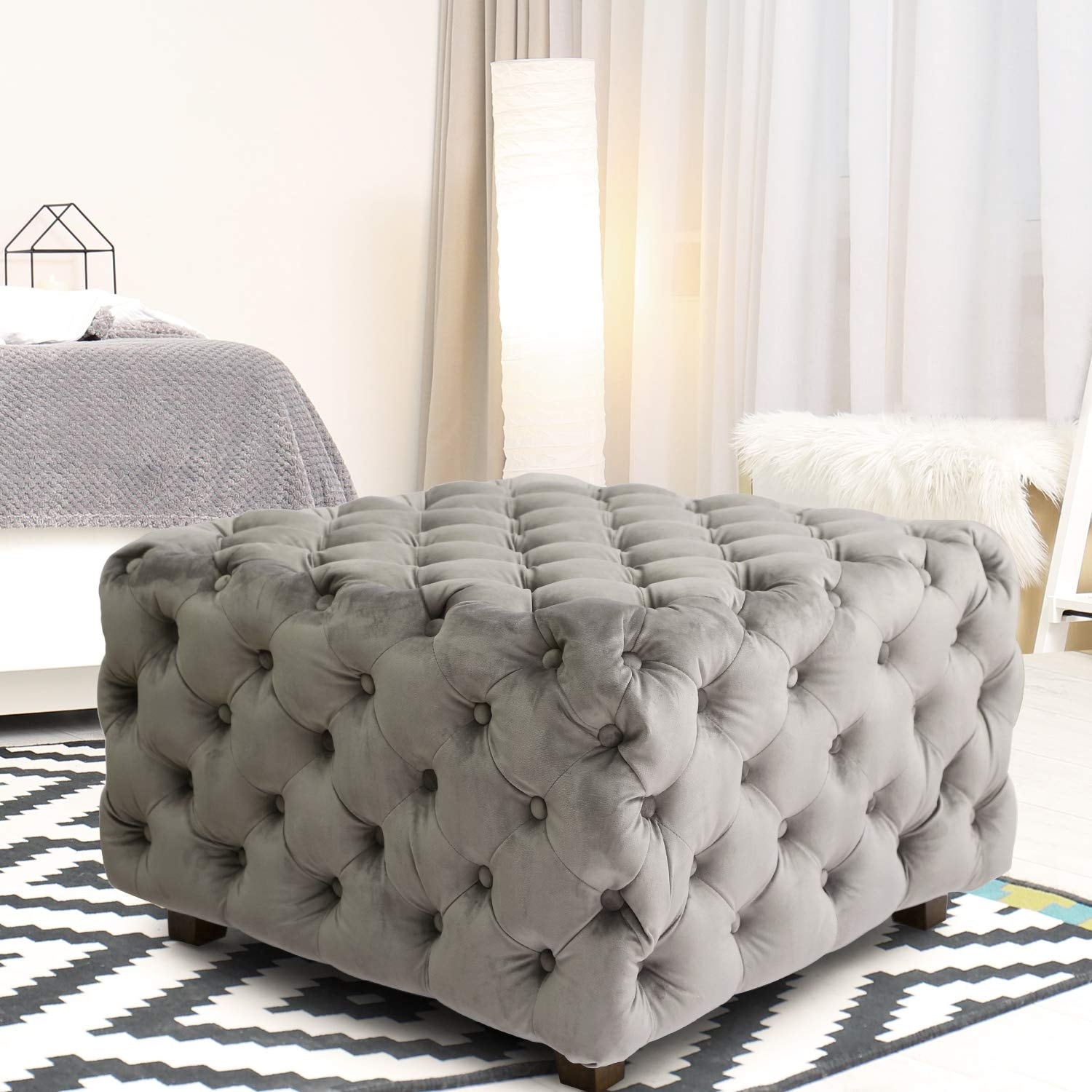 Upholstered Chesterfield Footstool Pouffe Fabric Foot Stool Seat Small  Bench