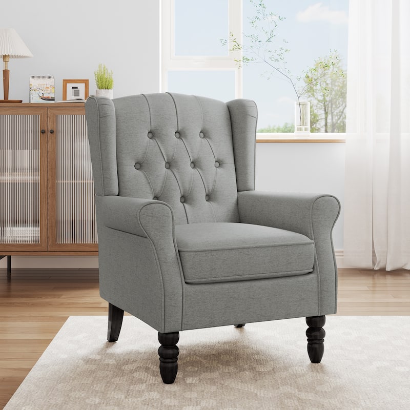 Modern Button Tufted Wingback Accent Chair Upholstered Armchair - Light Grey-Linen