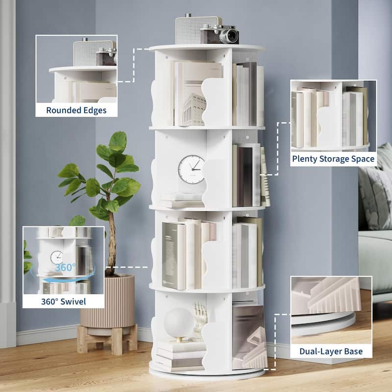 4 Tier Rotating Bookshelf Tower, Spinning Corner Bookshelf for Small Spaces, Revolving 360° Bookcase Storage Rack Tower