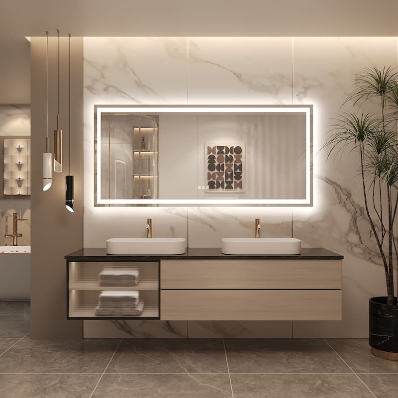 Frameless LED Front Light and Backlit 3 Colors Dimmable Anti-Fog Wall Bathroom Vanity Mirror