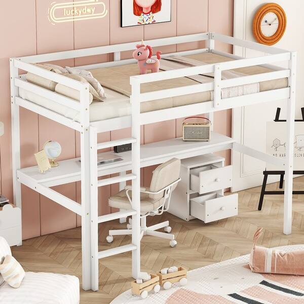 slide 2 of 10, Twin Size Wood Loft Bed with Built-In Desk and 2 Drawers White