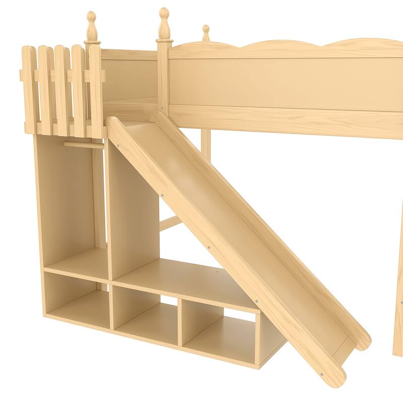 Full Loft Bed with Storage Shelves and Wardrobe, Solid Wood Loft Beds with Detachable Slide and Ladders, No Spring Box Needed