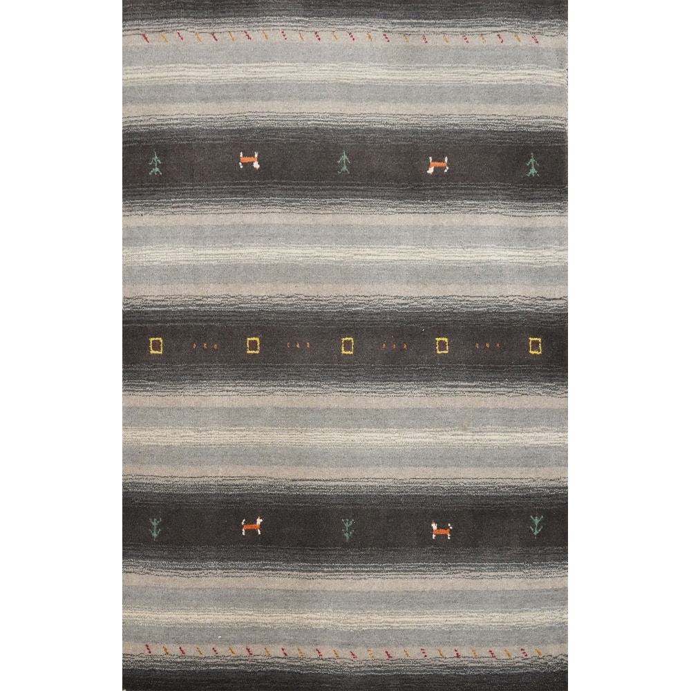 Hand Knotted Oriental 100% Wool Carpet Tribal Animal Pictorial Greys & Charcoal Gabbeh Area Rug - 4' 8'' X 3' 0''