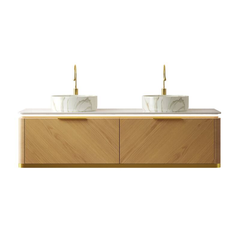 60" Floating Bathroom Vanity with Sensor Light and Marble Vessel Sink