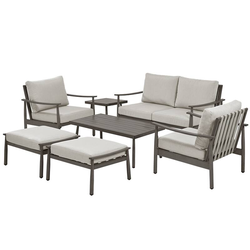 7-Piece Aluminum Patio Conversation Set, Loveseat with Ottomans and Coffee Table - Grey