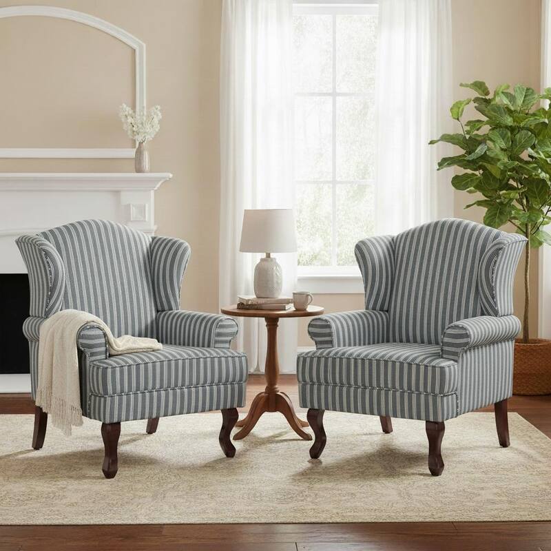 Classic Wingback Accent Chair for Living Room - Set of 2 - Striped Grey/ Linen
