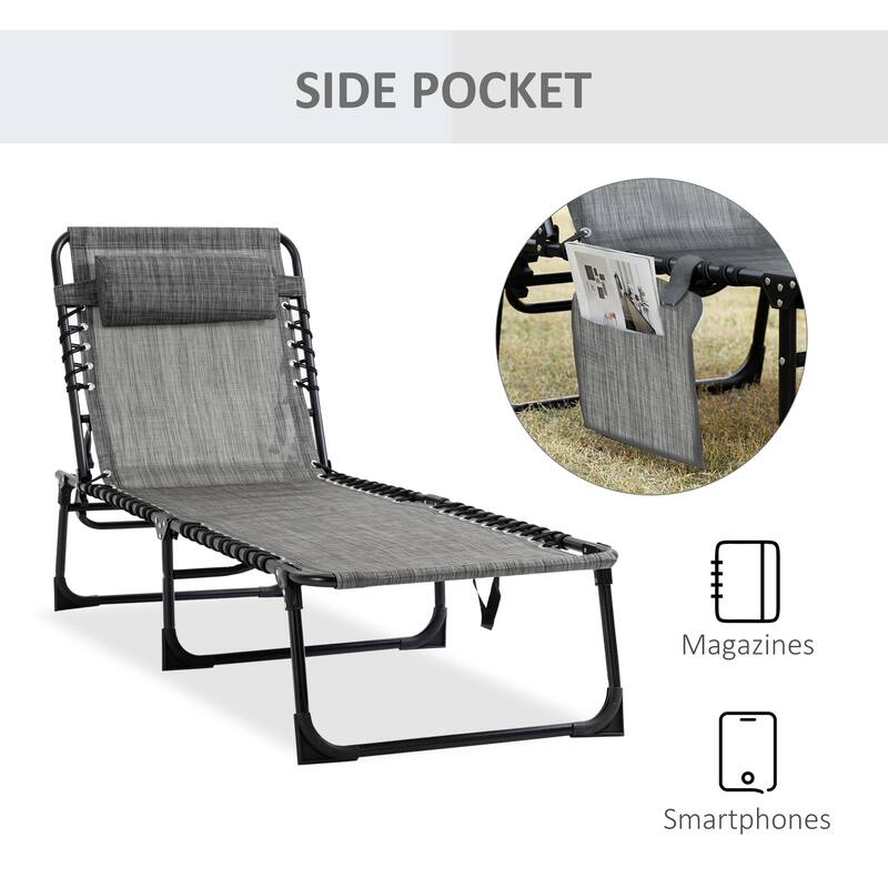 Outsunny Reclining Chaise, Portable Sun Lounger, Folding Camping Cot with Adjustable Backrest and Removable Pillow