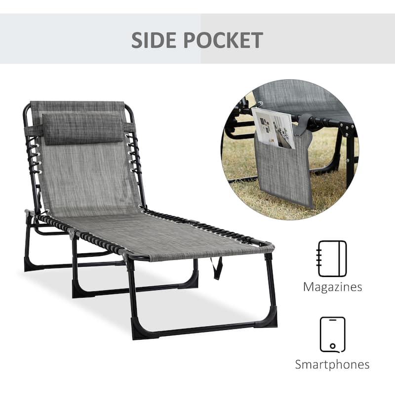 Outsunny Reclining Lounge Chair, Portable Sun Lounger, Folding Camping Cot, with Adjustable Backrest and Removable Pillow