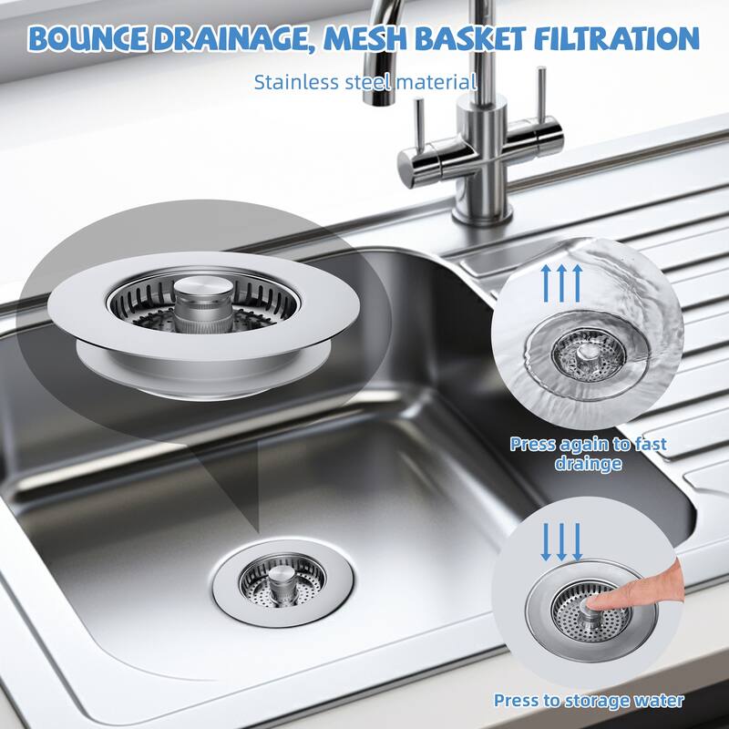 2 Pack Metal 3 in 1 Kitchen Sink Drain Strainer for US 3-1/2" Drain
