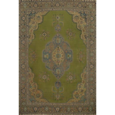 Hand Knotted Oriental 100% Wool Carpet Traditional Medallion Green Tabriz Area Rug - 12' 6'' X 9' 7''