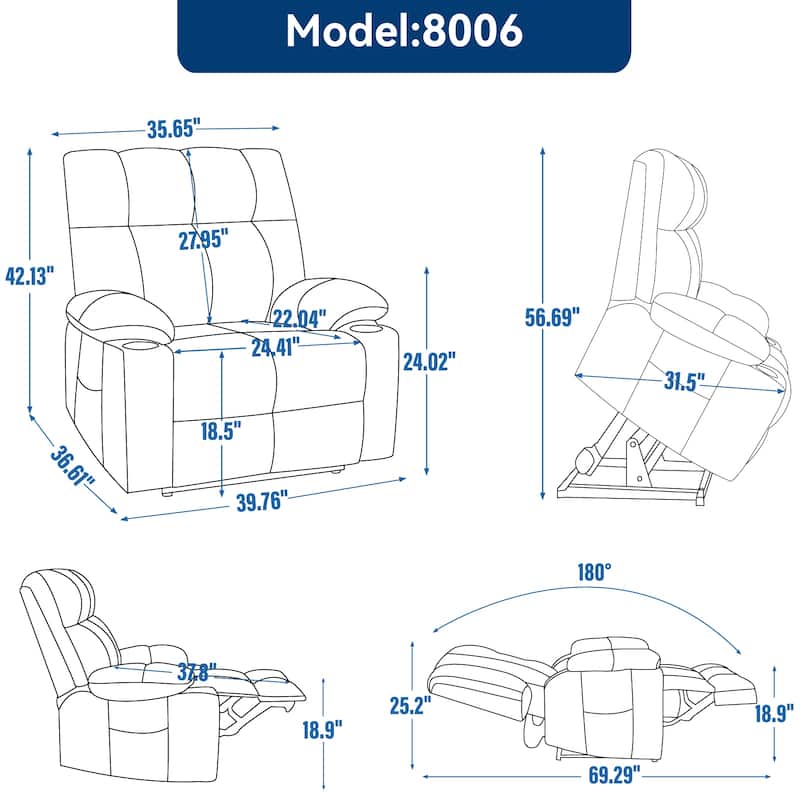 Lazy Boy Dual Motor Chenille Power Lift Recliner w/Massage and Lumbar Heating, Dual Cup Holders, Grey-Blue