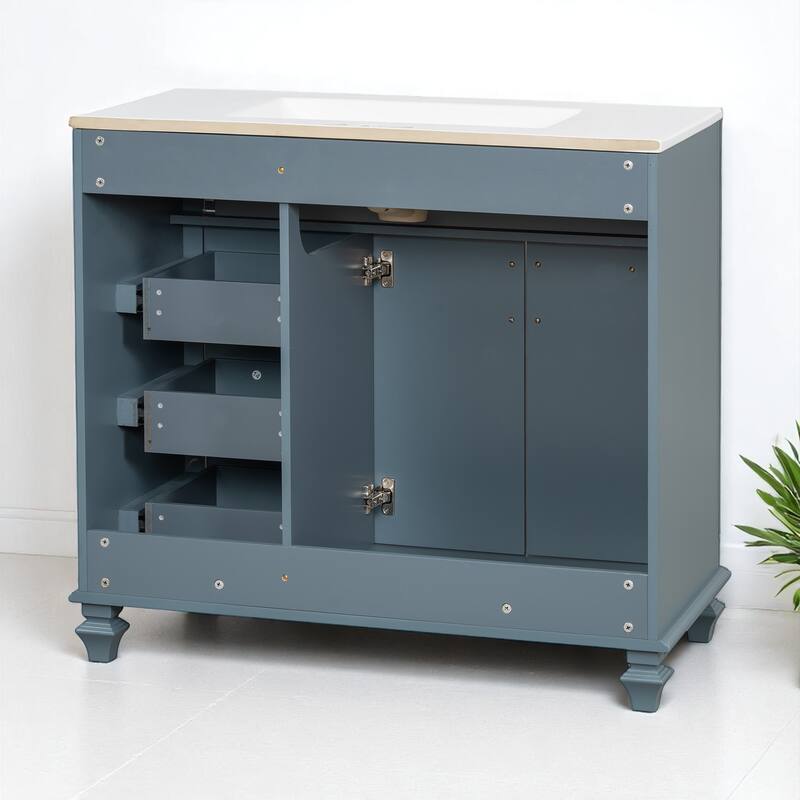36" Bathroom Vanity with Sink, Freestanding White Cabinet with Gold Hardware, Ceramic Top, Flip Drawer, Soft-Close Doors