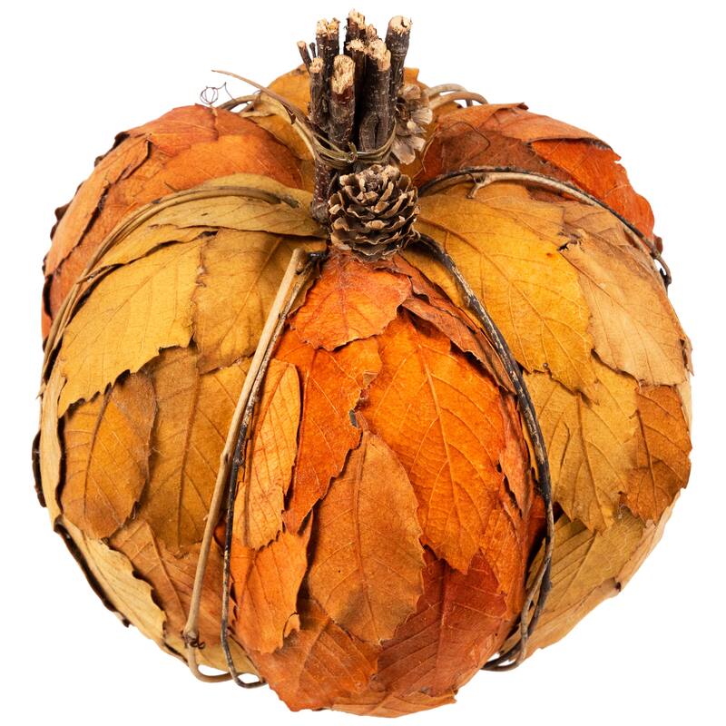 Layered Leaves and Twigs Fall Harvest Pumpkin with Pinecones - 7.5" - Orange
