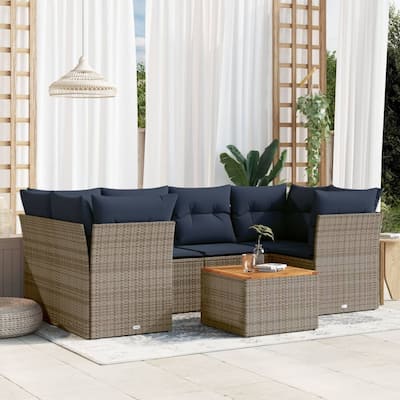 vidaXL 7 Piece Patio Sofa Set with Cushions Gray Poly Rattan - 24.4" x 24.4" x 27.2"