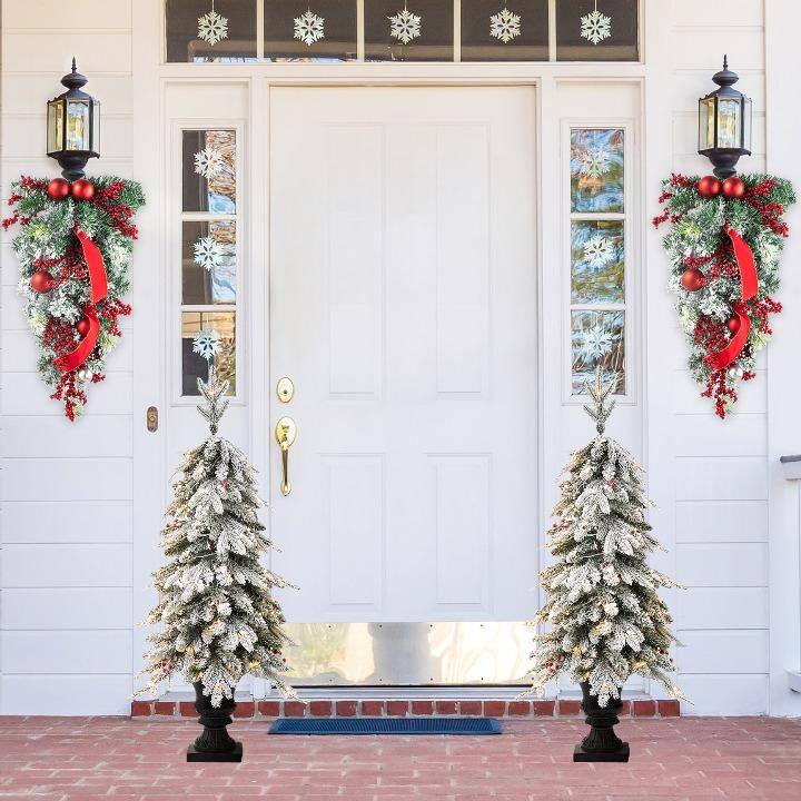 Glitzhome 4FT/5FT Pre-Lit Flocked Fir Artificial Christmas Potted Porch Trees - 2PK 4FT Trees & 2PK Teardrop Wreath