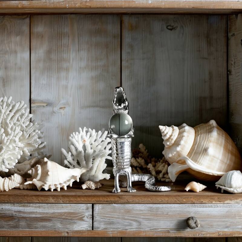 Metal Glass Alligator Figurine Holding Acrylic Clear Orb - 11" Silver - 6.5" x 5" x 10.5"