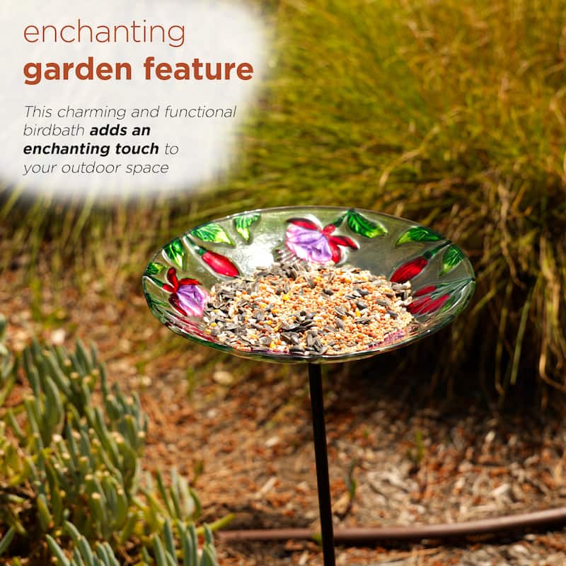 10" Glass Stake Birdbath w/Flowers and Hummingbird
