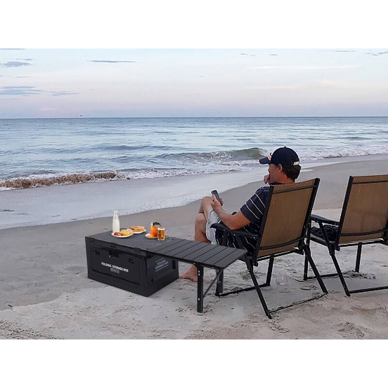 Folding Table, Storage Bin with Table, Collapsible Storage Box with Table with Wood Lid and 2 Side Doors