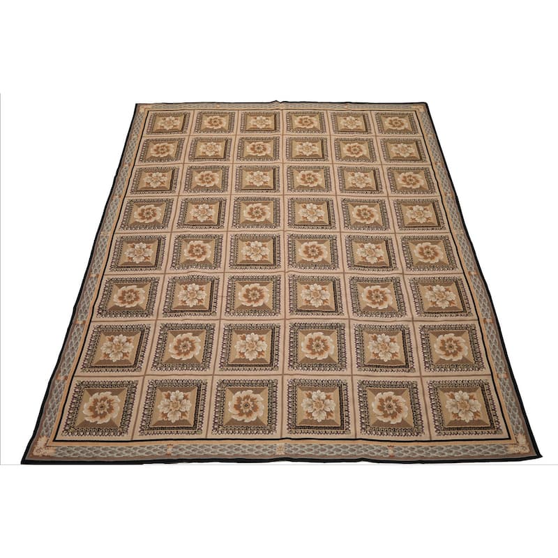 7'9''x10 Hand Woven Flatweave wool Beige French Aubusson Needlepoint Box Rug - 7' 9'' x 10'