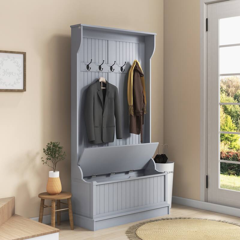 Modern Coat Rack with Anti-Tip Device Storage Bench 5 Hooks and Shoe Cabinet, for Entry and Hallway, Distressed White