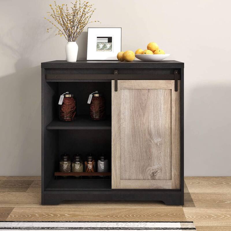 Farmhouse Sideboard and Buffet Cabinet with Wine Rack, Wine Bar Cabinet, Sliding Barn Door & Shelves - 31.5"W x 15.75"D x 31.5"H