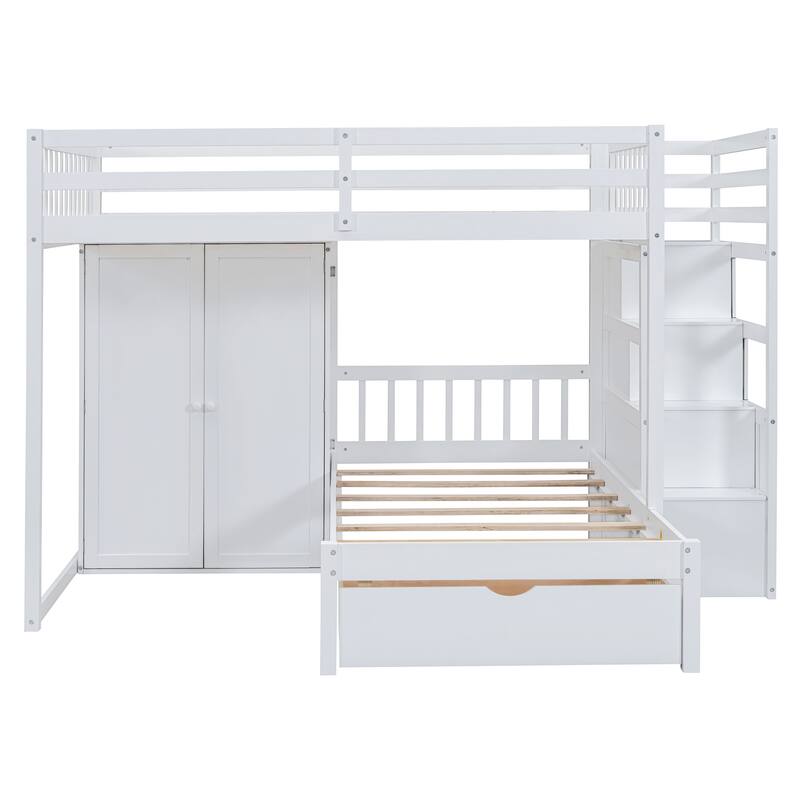 White Full Over Twin Bunk Bed with Wardrobe and Drawers, Space-Saving Design