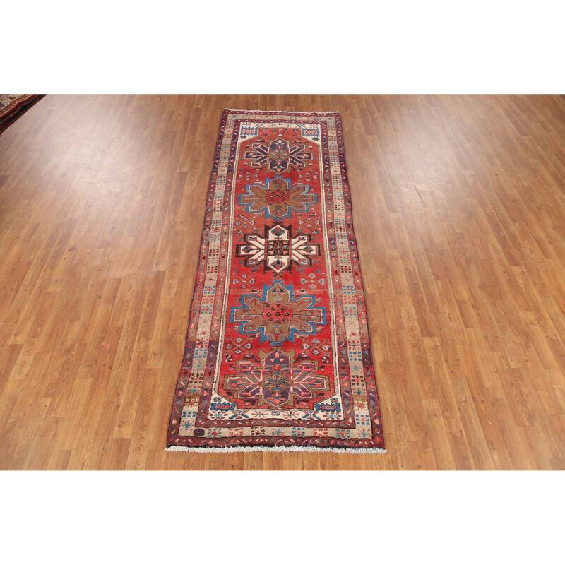 Hand Knotted Oriental 100% Wool Carpet Traditional Geometric Red Heriz Runner Rug - 9' 7'' X 3' 2''