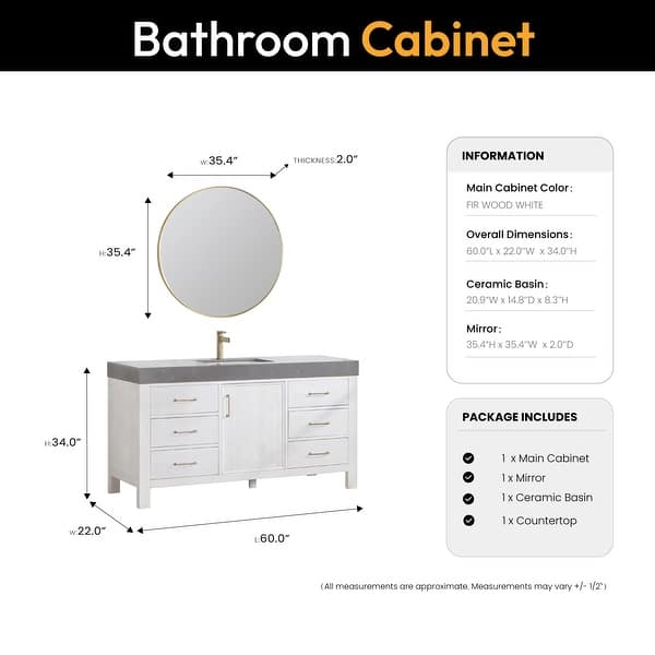 dimension image slide 2 of 8, Leon 60 in. Single Bathroom Vanity with Composite Stone Top