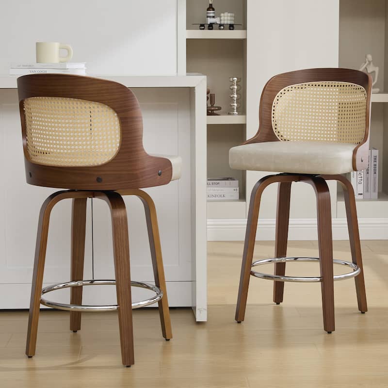 26" Upholstered Swivel Counter & Bar Stool with Rattan Back - 37.4"H x 19.09"W x 19.88"D